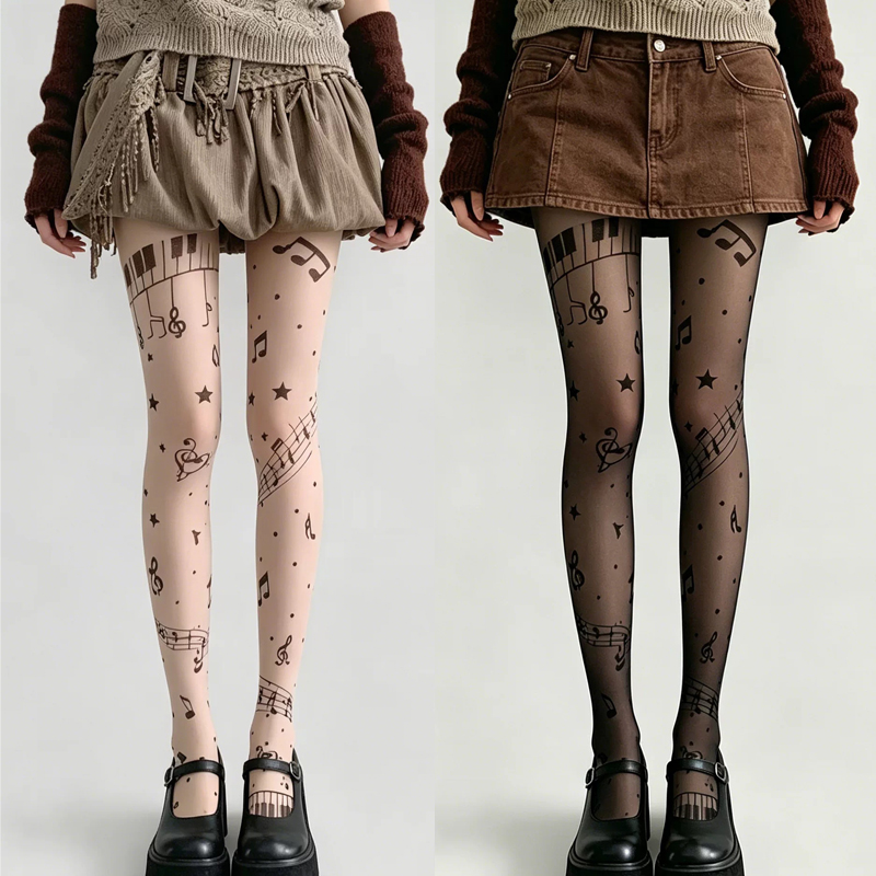 Tights Pantyhose Sheer - Y2K 音符プリント薄手のパンストレトロ音楽パターン弾性タイツ原宿ストッキング靴下女性のための毎日のコスプレ靴下