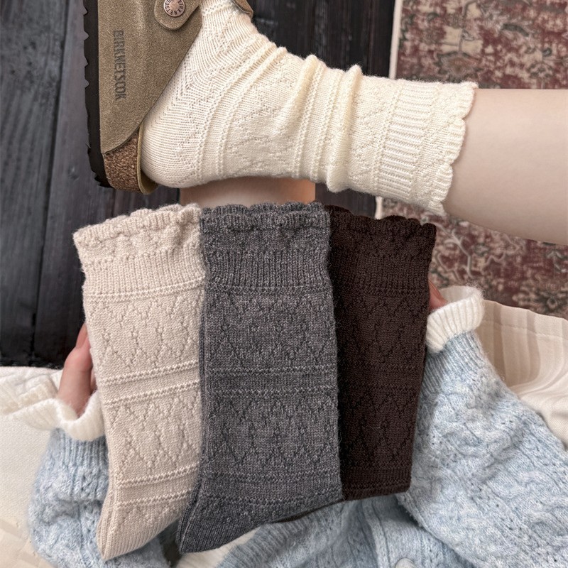 Boot Sock Slouchy - 1 ペア乳白色のレーストリムミッドカーフブーツソックス女性用ゆるふわ厚手暖かいウールクルーソックス冬用サーマルニットストッキング