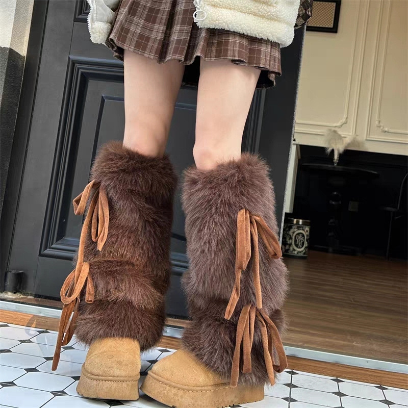 Boot Sock Slouchy - 女性用フェイクファーレッグウォーマー タイストラップ付き 厚手暖かいブーツカフス ゆったりとした冬用カーフソックス Y2Kスタイル