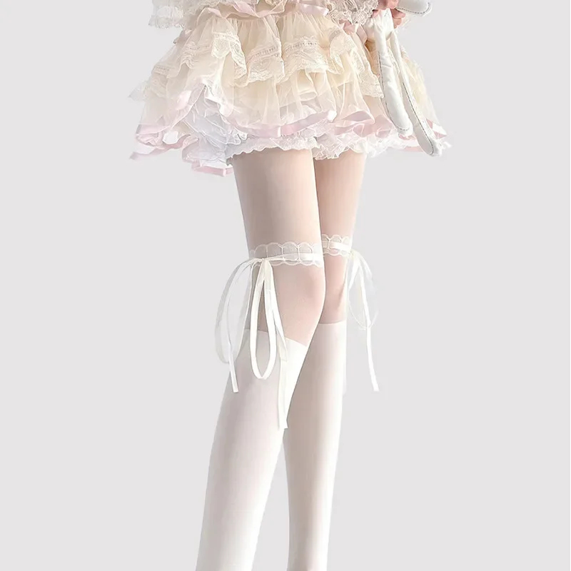 Tights Pantyhose Sheer - ロリータコススイートタイツ女性用かわいいシルクストッキング、蝶結びストラップ付きレーススプライシング、アンチフックシルクスリミングシアーパンティストッキング