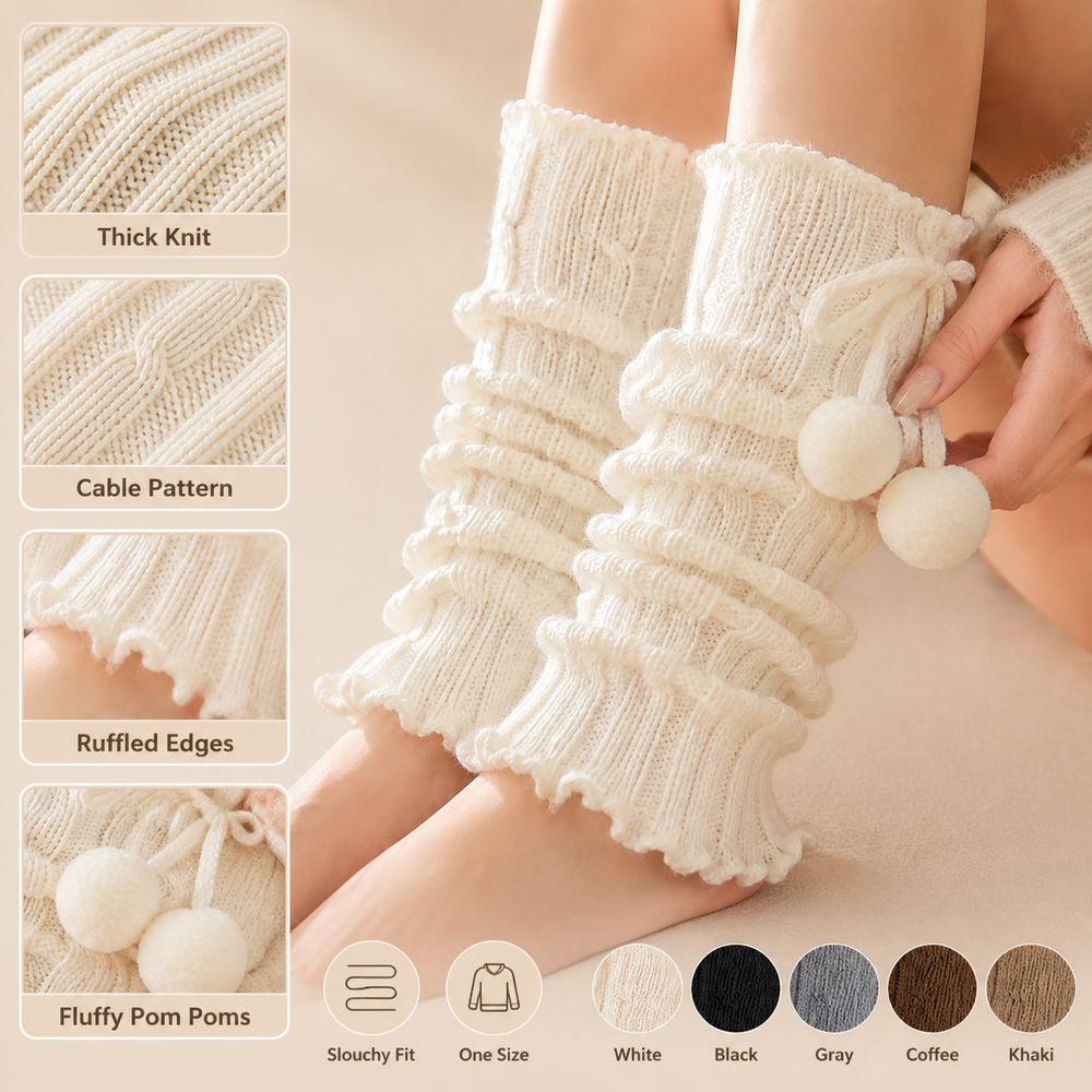 Boot Sock Slouchy - ニットレッグウォーマー フリルエッジ ケーブルニット柄 ゆったりレッグウォーマー 厚手で暖かい ふわふわのポンポン付き