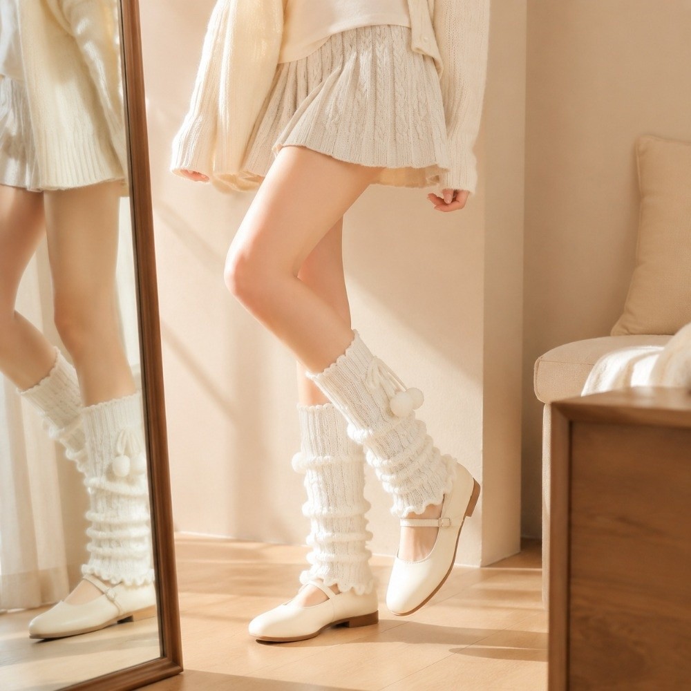 ニットレッグウォーマー、ケーブルニット柄、ふわふわのポンポン - Boot Sock Slouchy のレビューと価格
